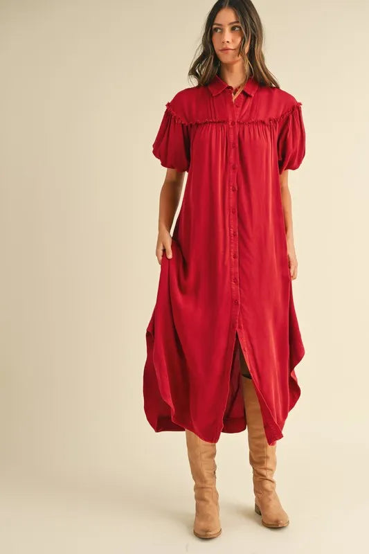 Mineral Washed Button Down Puff Sleeve Shirt Dress - Deep Red - product view 4