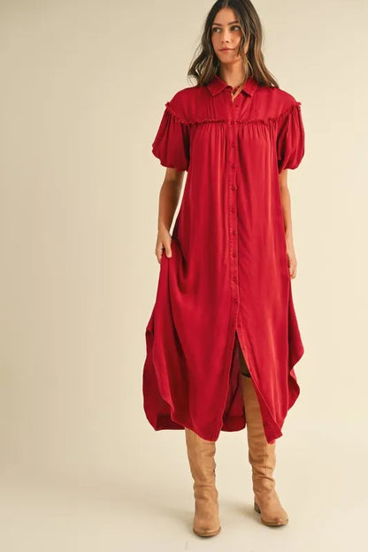 Mineral Washed Button Down Puff Sleeve Shirt Dress - Deep Red - product view 4