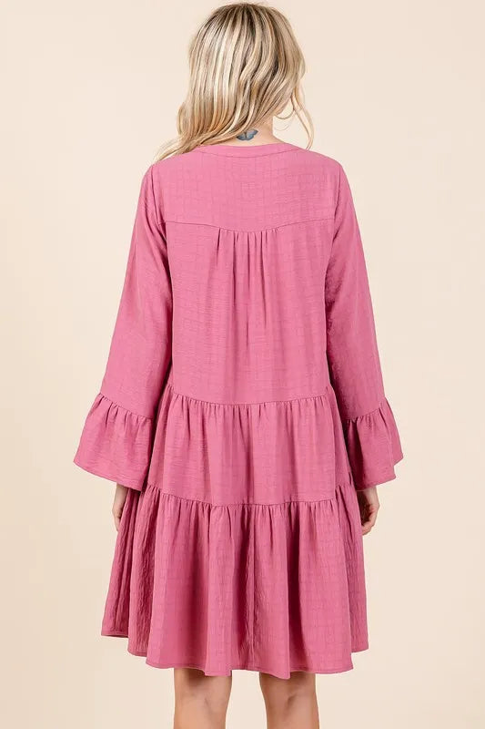 Tiered Notched Flare Sleeve Dress - Rose - product view 2