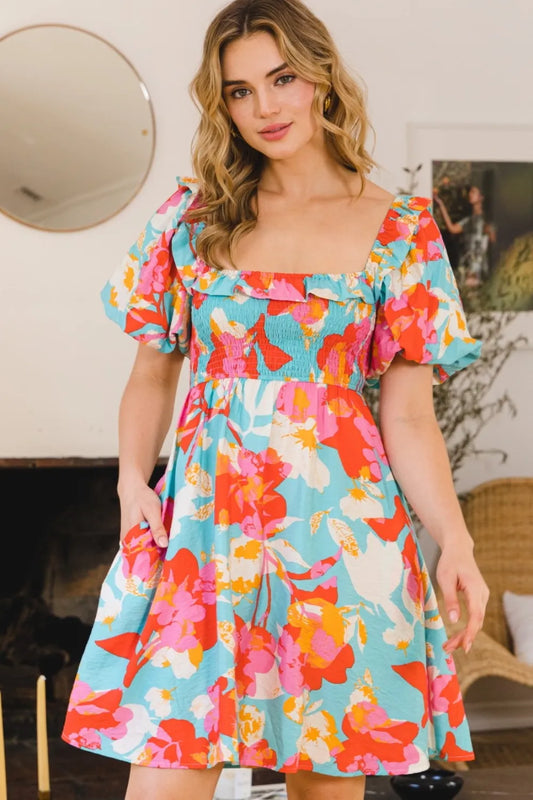 Printed Smocked Puff Sleeve Mini Dress in Aqua Multi - product view 1
