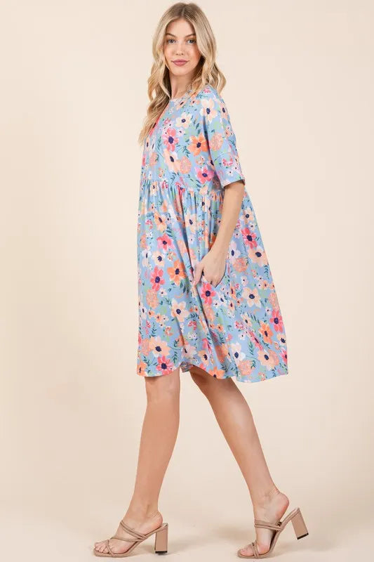 Floral Shirred Dress with Pockets in As Shown - product view 3