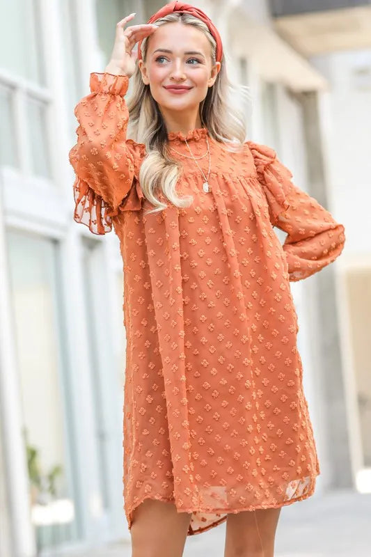 Lovely Ruffle Shoulder with Textured Woven Dress in Camel - product view 7