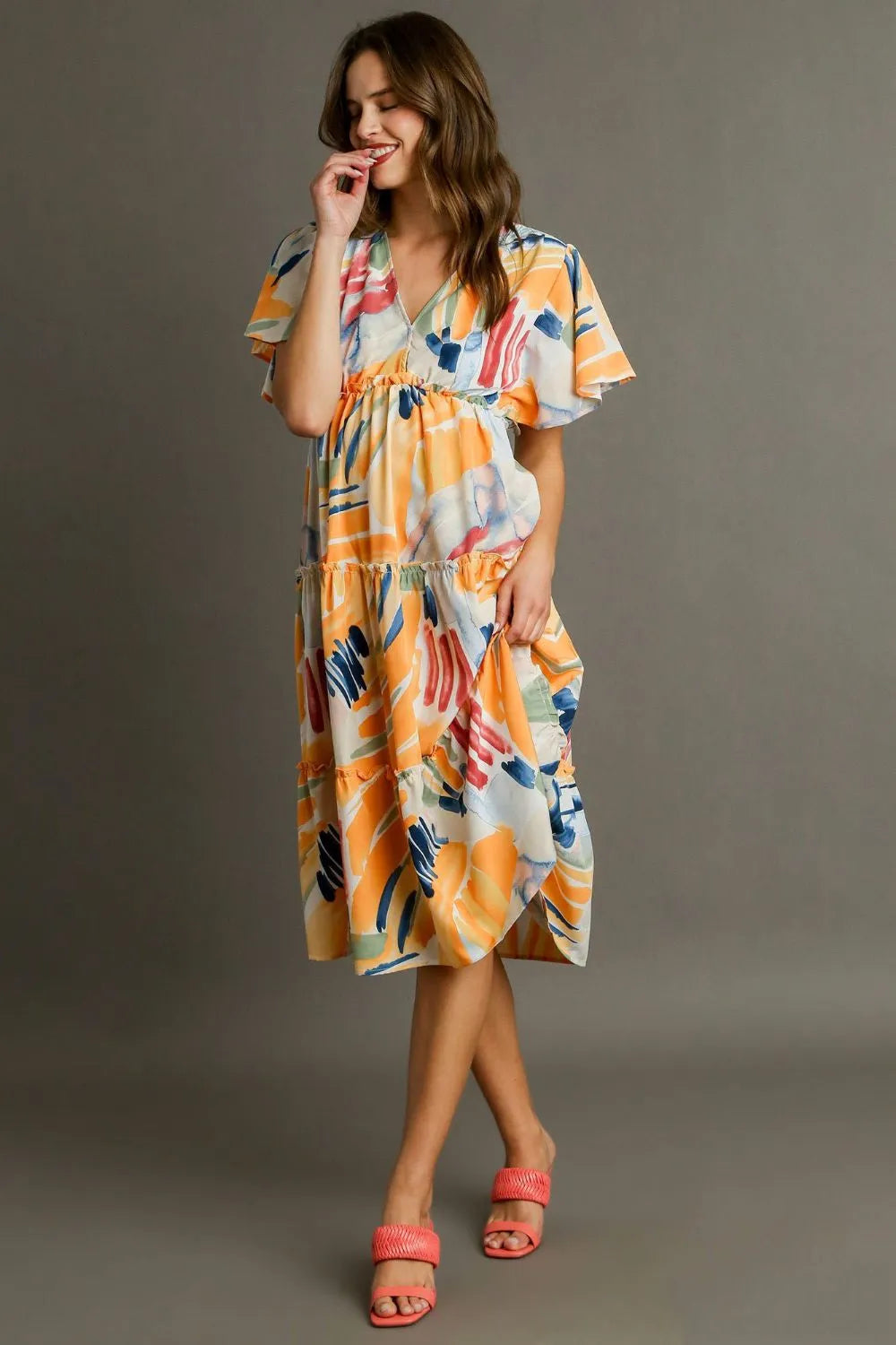 Full Size Abstract Print Flutter Sleeve Frill Tiered Midi Dress Plus Size in Tangerinemix - product view 4