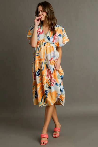 Full Size Abstract Print Flutter Sleeve Frill Tiered Midi Dress Plus Size in Tangerinemix - product view 4