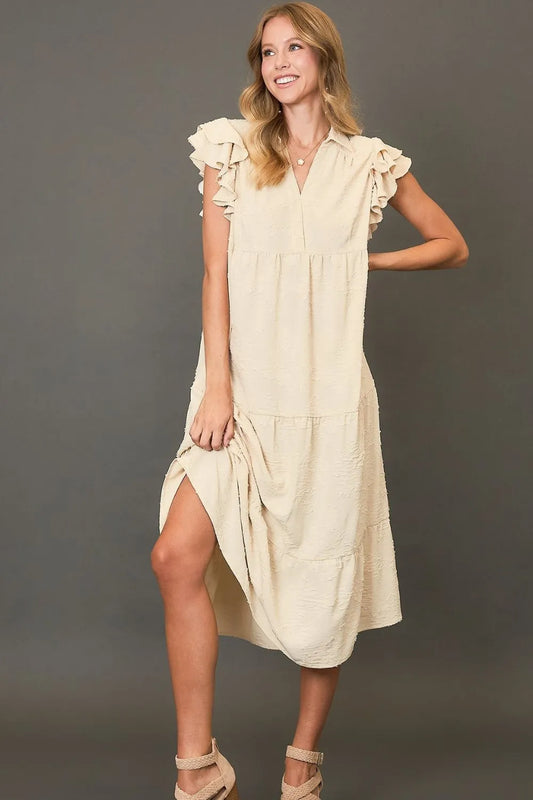 Full Size Tiered Floral Burnout Ruffle Sleeve Midi Dress Plus Size in Cream - product view 1