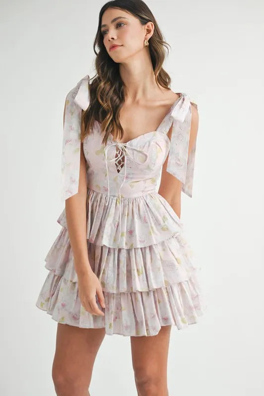 Floral Print Shoulder Tie Layered Mini Dress - Pink - product view 1