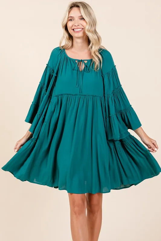 Frill Tie Neck Bell Sleeve Dress - Teal Green - product view 4