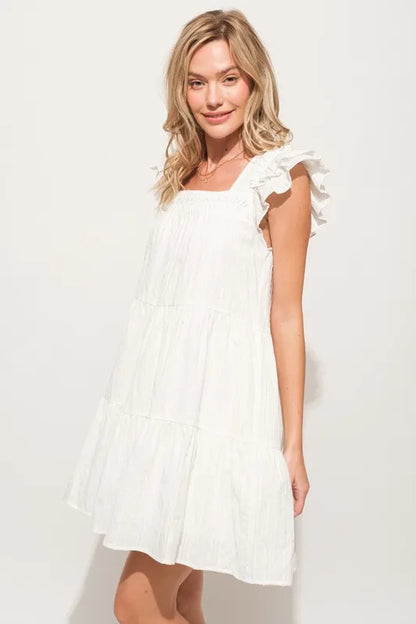 Origami Pleating Ruffled Sleeve Tiered Dress in Off White - product view 5