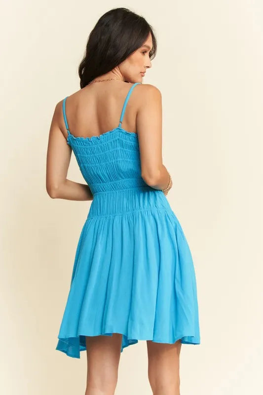 Smocking Bodice Sleeveless Button Down Mini Dress in Azure - product view 2