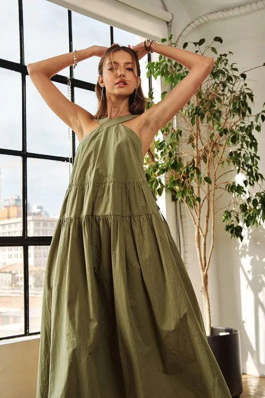Crisscross Wide Strap Drawstring Detail Midi Dress in Moss - product view 3