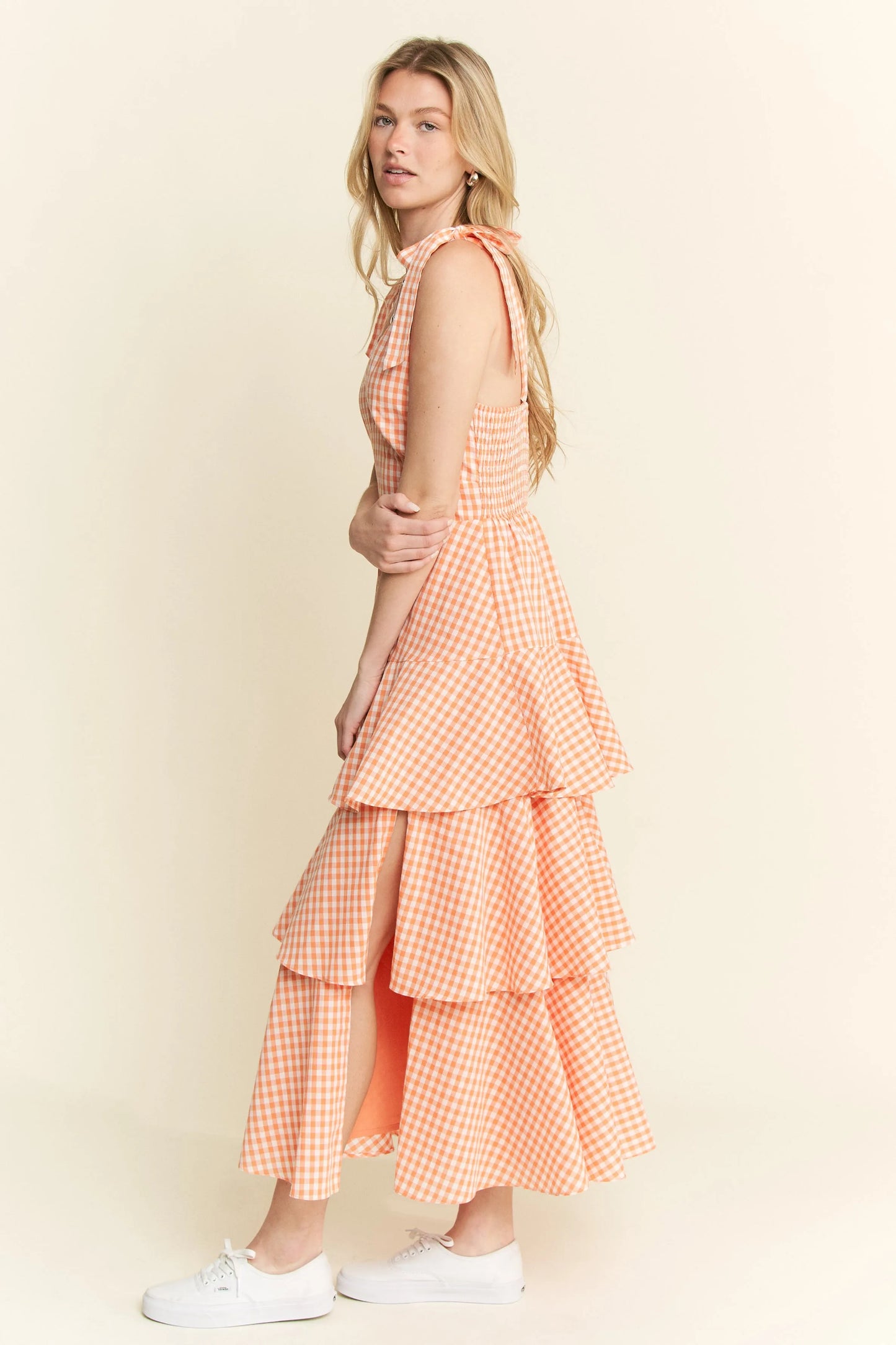 Sleeveless Gingham Print Tiered Midi Dress in Orange - product view 5