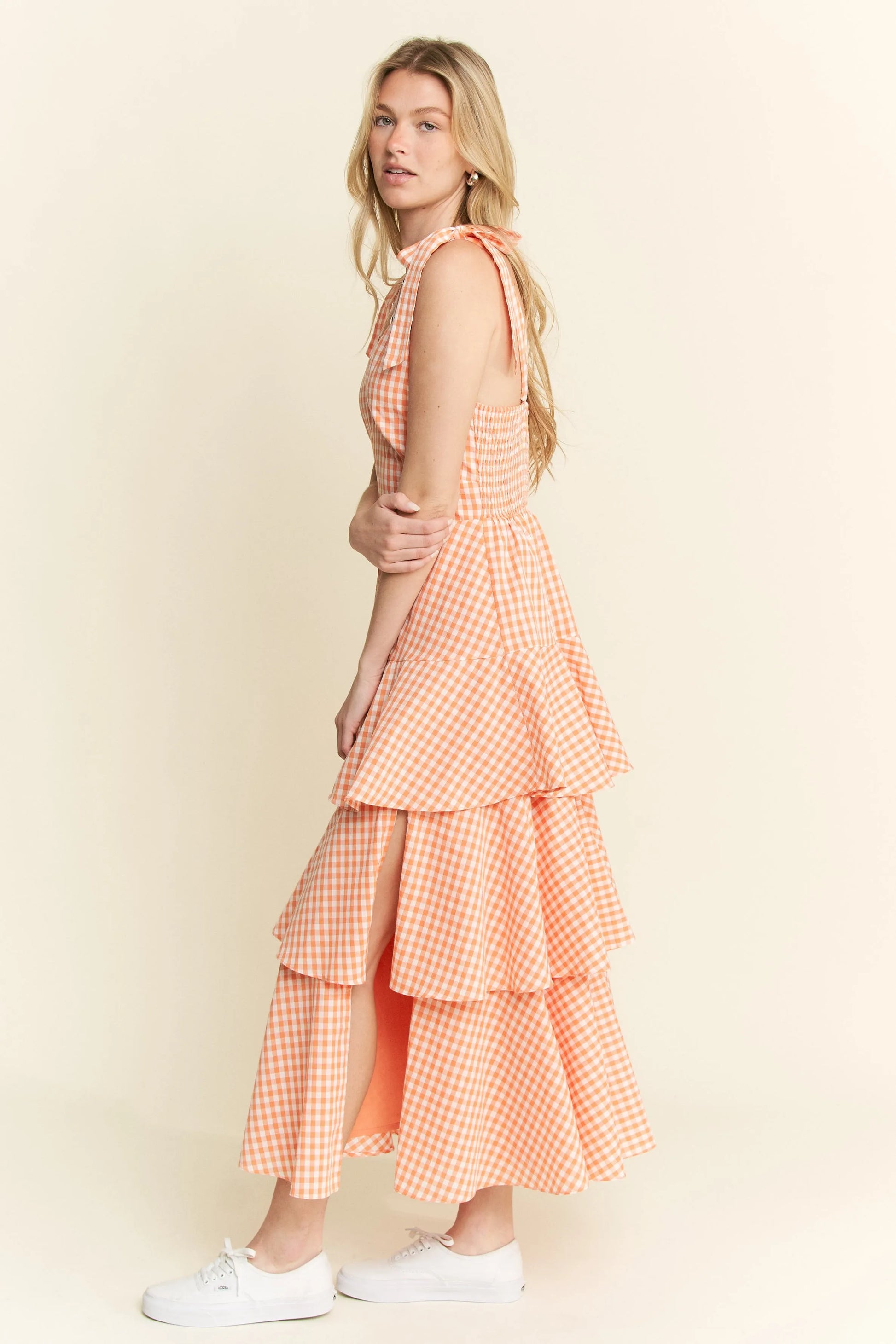 Sleeveless Gingham Print Tiered Midi Dress in Orange - product view 5