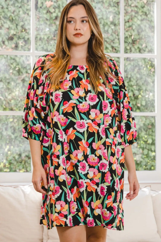 Full Size Floral Puff Sleeve Mini Dress in Black Multi - product view 1