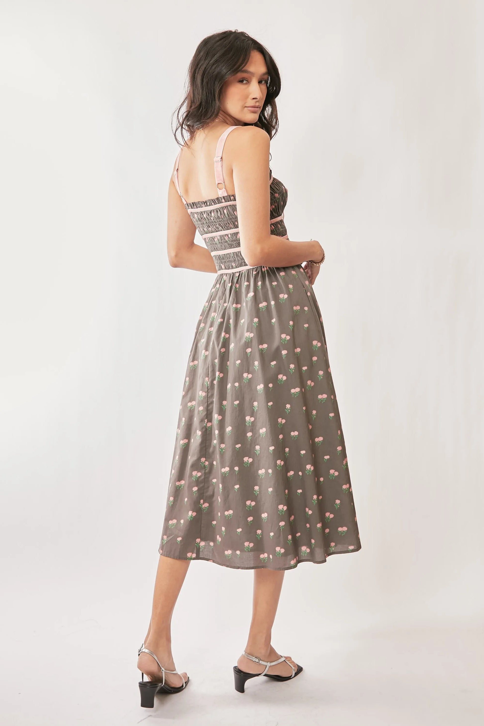 Contrast Velvet Tape Smocking Bodice Midi Dress in Mocha Brown - product view 3