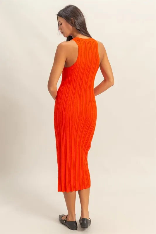 Round Neck Bodycon Ribbed Knit Dress - Tomato - product view 3