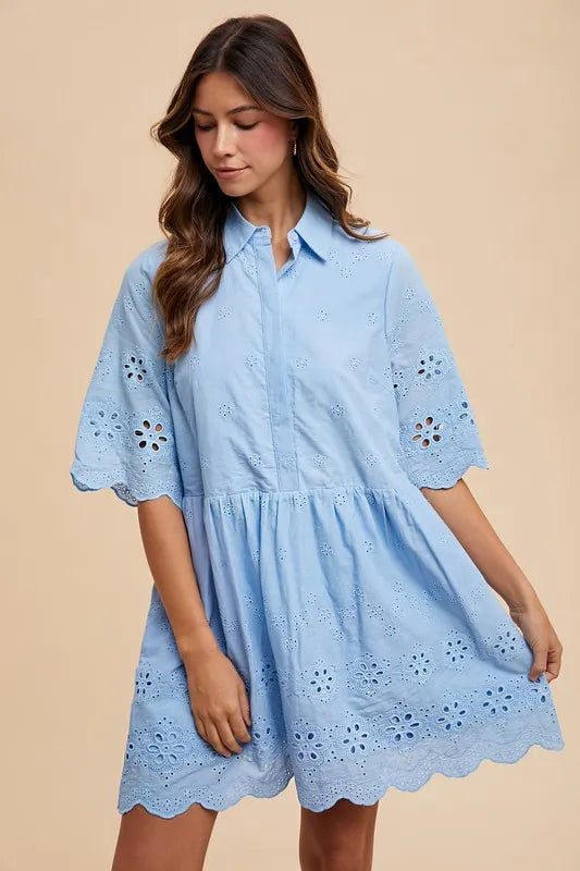 Embroidered Scallop Edge Detail Mini Shirt Dress - Sky - product view 1