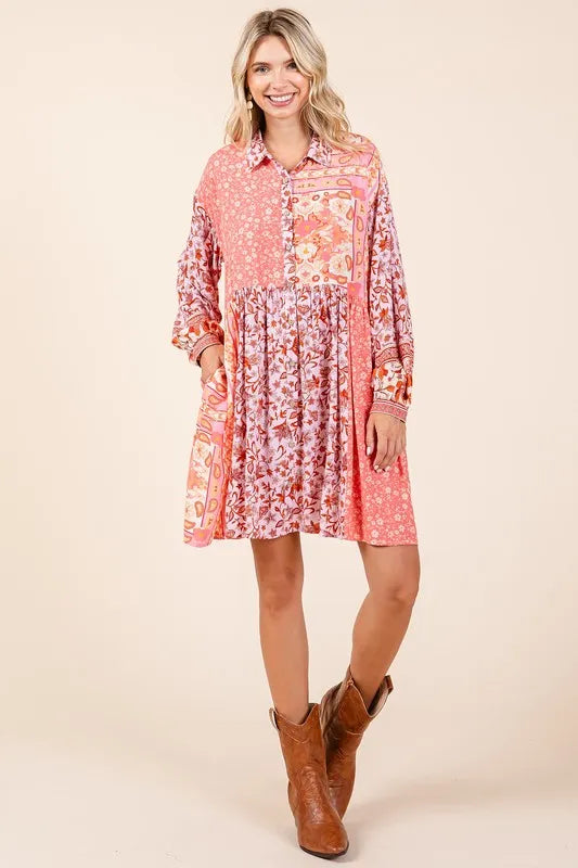 Floral Button Detail Long Sleeve Shirt Dress in Coral Pink - product view 6