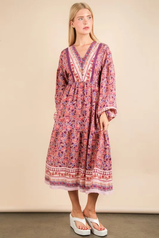 Floral Printed Boho V-Neck Balloon Sleeve Dress in Purple Mix - product view 3