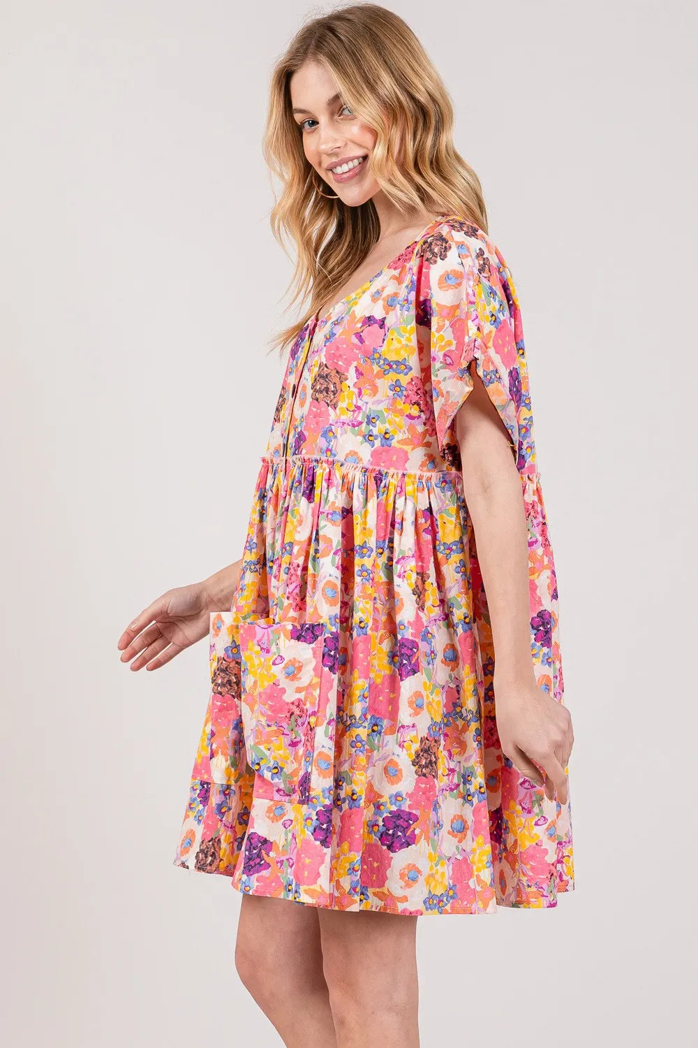 Floral Short Sleeve Babydoll Dress with Pockets in Multi - product view 3