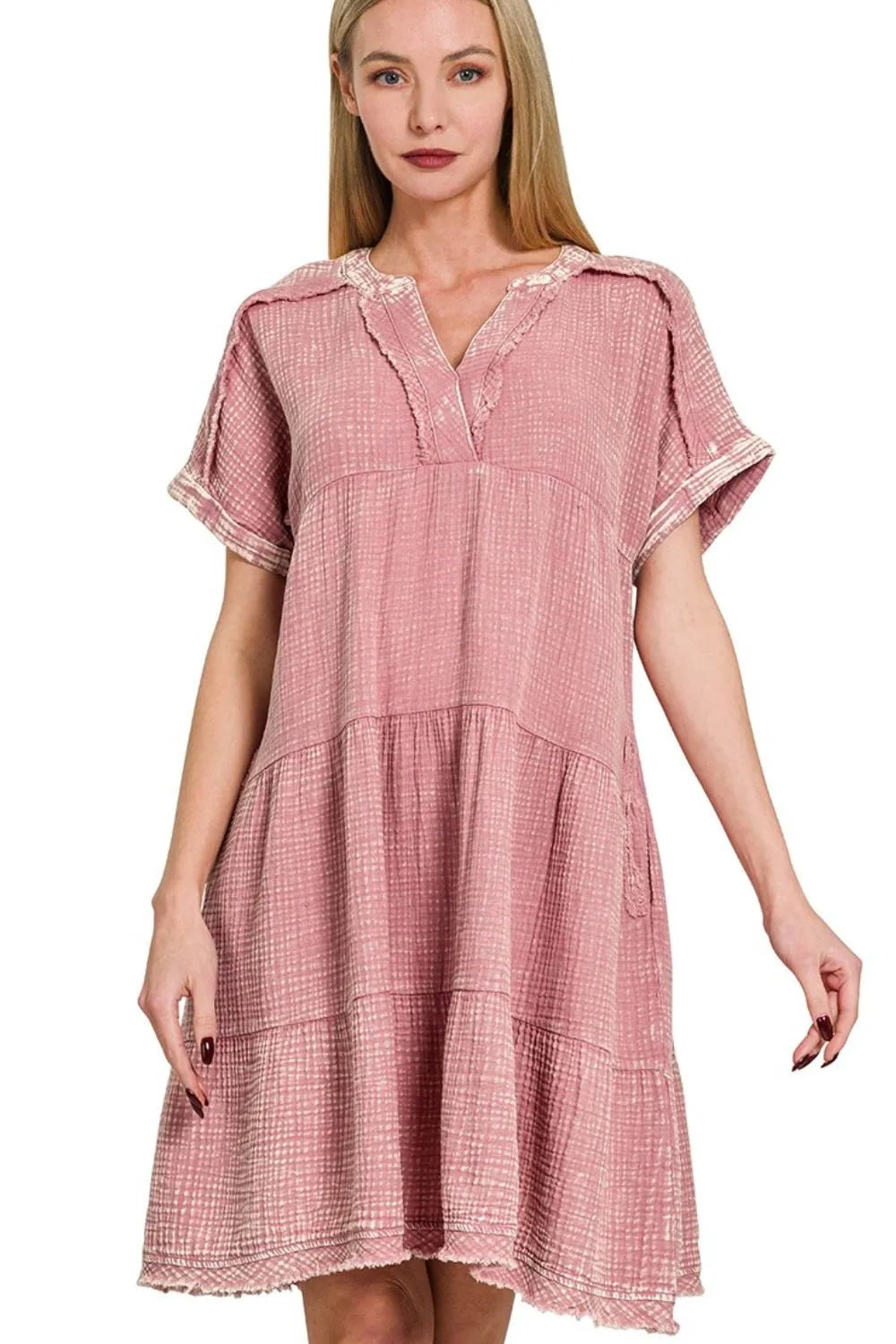 Washed Double Gauze Raw Edge V-Neck Dress in Lt Rose - product view 1