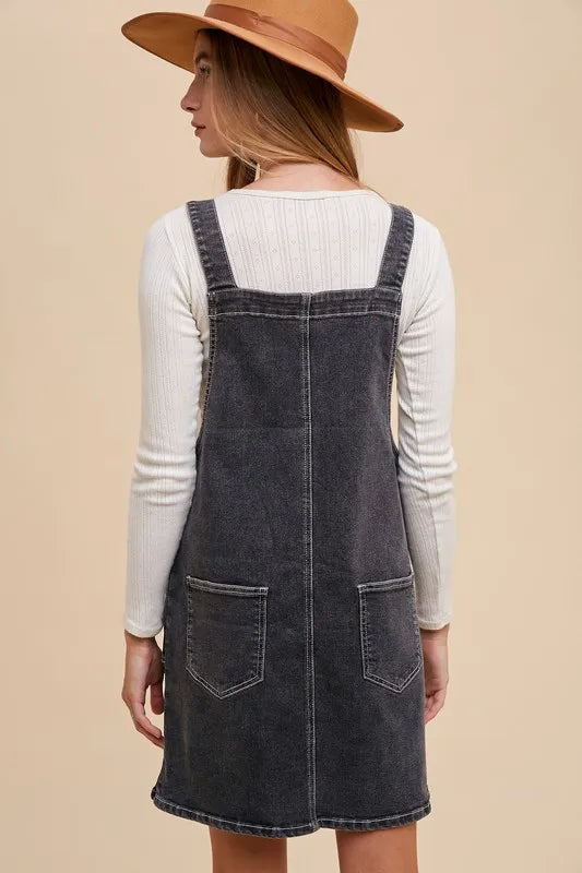 Wide Strap Denim Overall Dress with Pockets - Black - product view 3