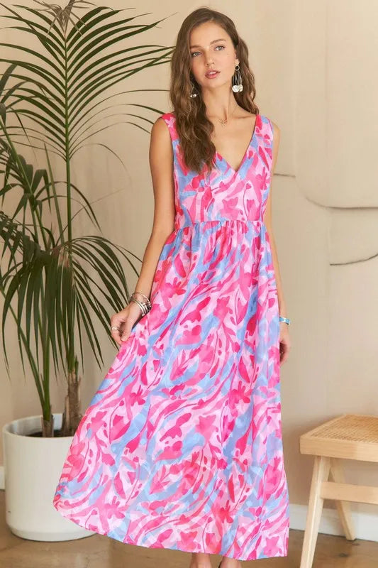 Abstract Floral V-Neck Maxi Dress in Pink Blush Combo - product view 1