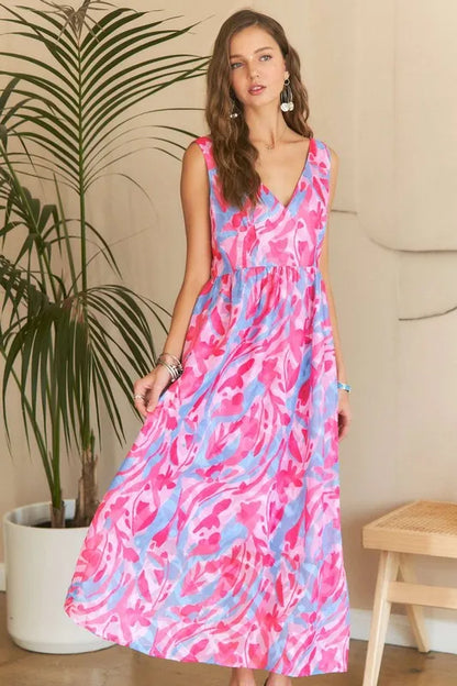 Abstract Floral V-Neck Maxi Dress in Pink Blush Combo - product view 1