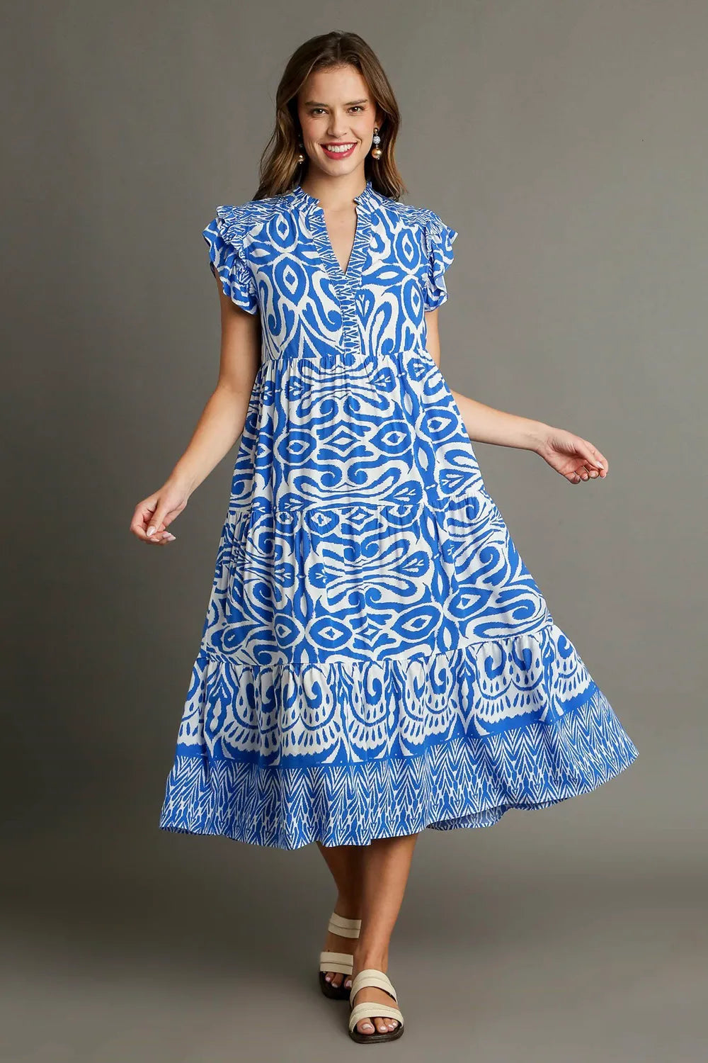 Full Size Two Tone Border Print Ruffle Cap Sleeve Midi Dress Plus Size - Blue - product view 2