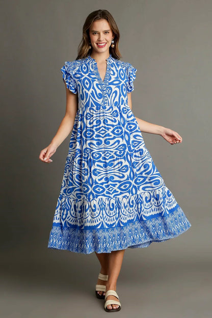 Full Size Two Tone Border Print Ruffle Cap Sleeve Midi Dress Plus Size - Blue - product view 2