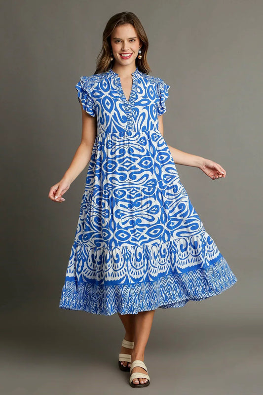 Full Size Two Tone Border Print Ruffle Cap Sleeve Midi Dress Plus Size - Blue - product view 2