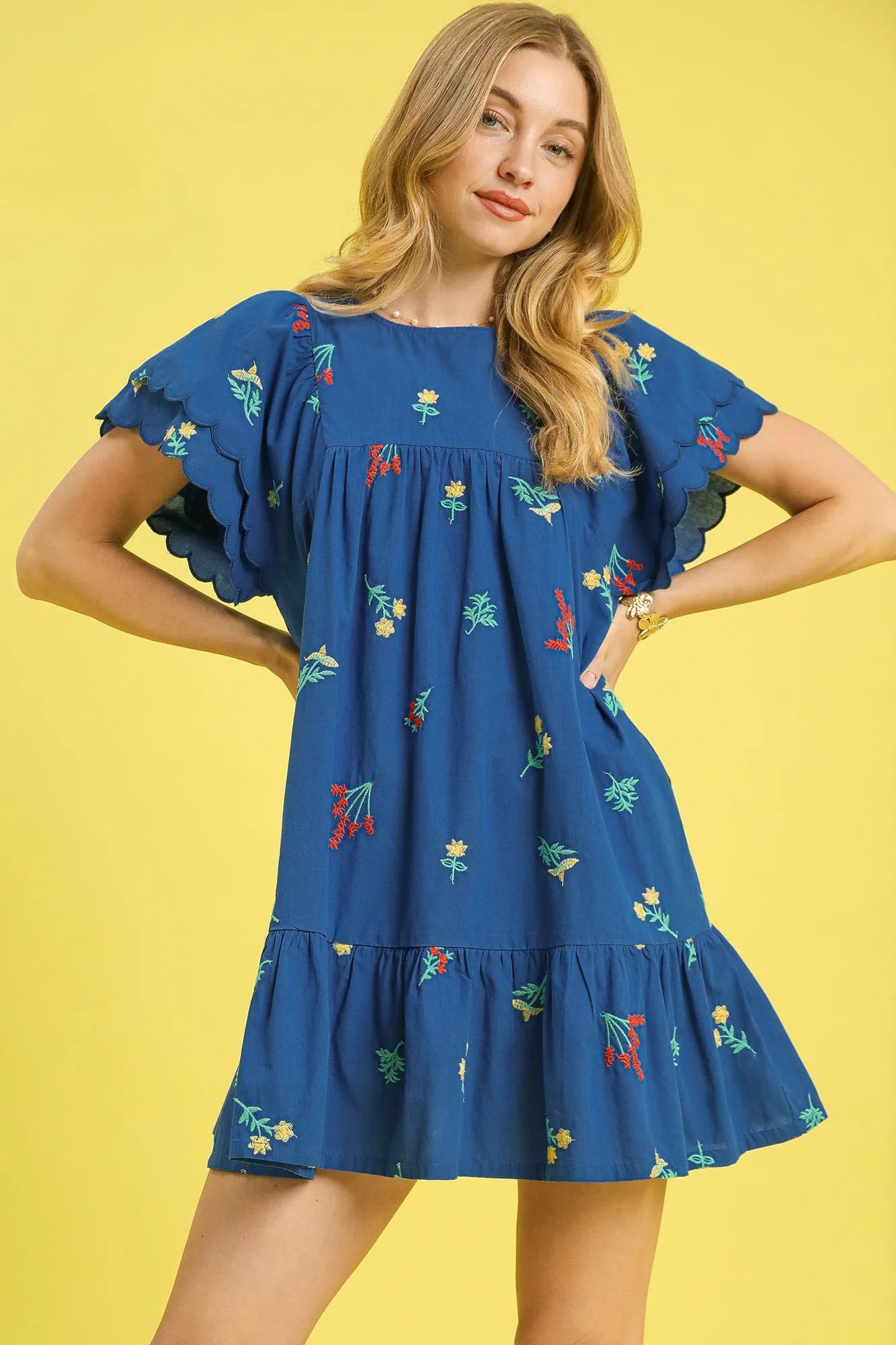 Floral Embroidered Short Sleeve Mini Dress - Dark Blue - product view 1