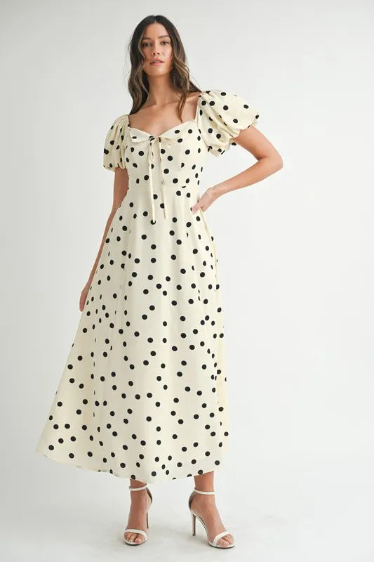 Polka Dot Puff Sleeve Midi Dress - Cream - product view 2