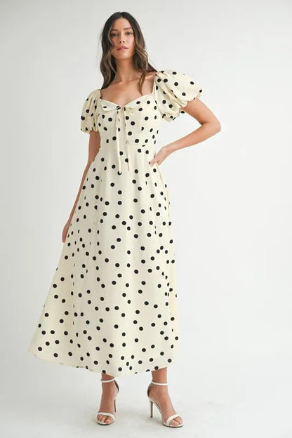 Polka Dot Puff Sleeve Midi Dress - Cream - product view 2