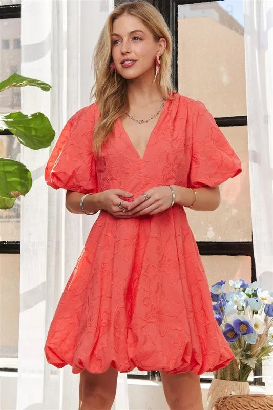Puff Sleeve Floral Dress - Coral - product view 5