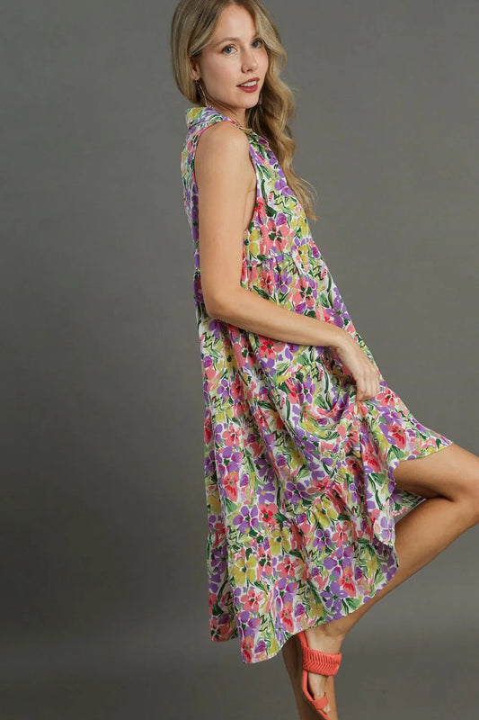 Full Size High-Low Hem Floral Sleeveless Tiered Dress Plus Size in Violetmix - product view 2