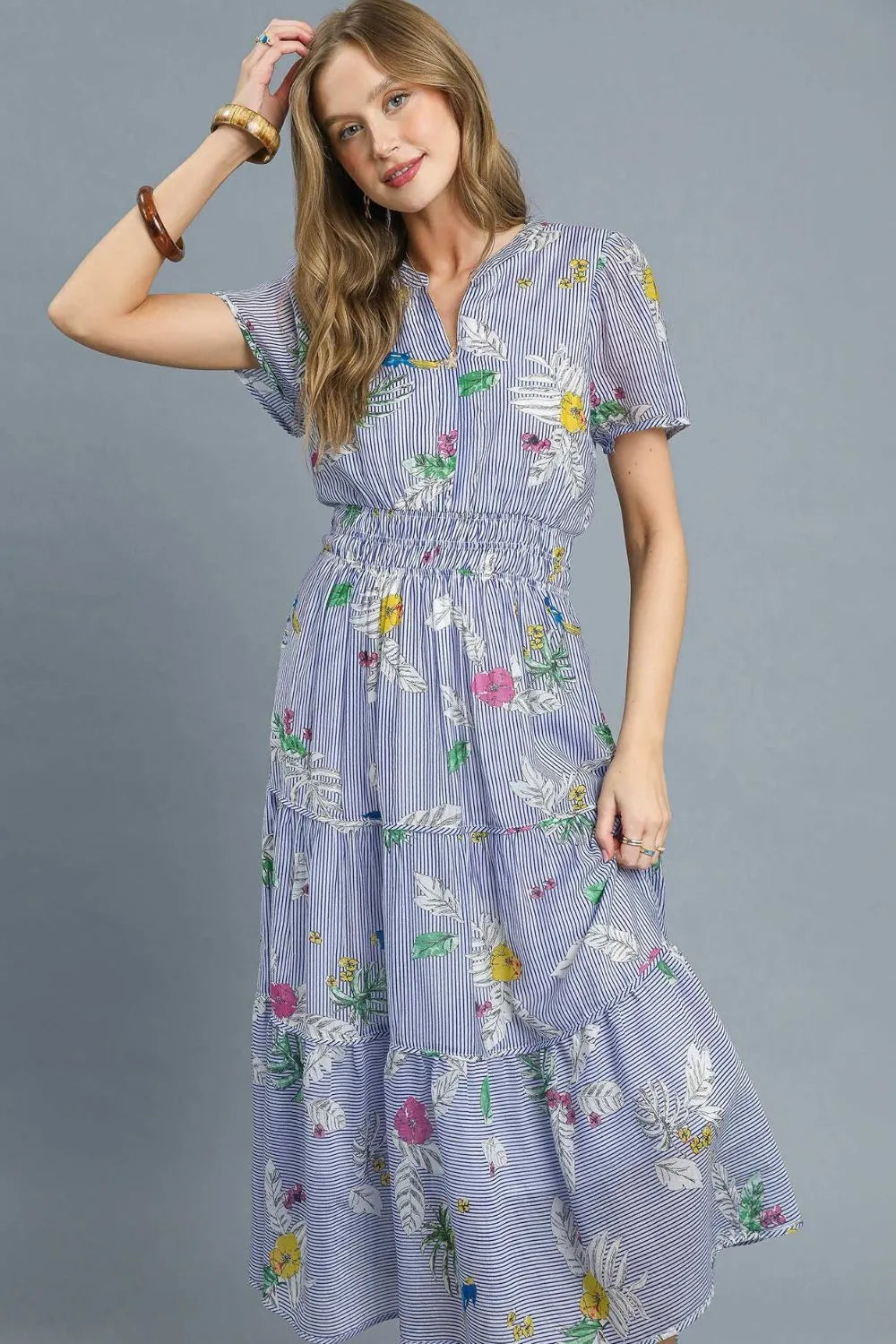 Smocked Waist Floral Short Sleeve Midi Dress in Light Blue - product view 2