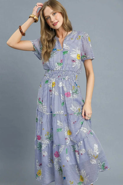 Smocked Waist Floral Short Sleeve Midi Dress in Light Blue - product view 2