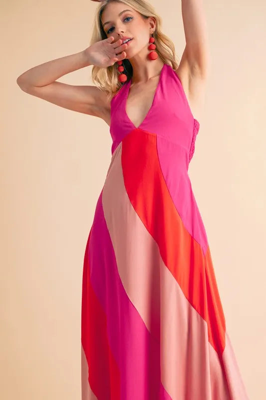 Color Block Sleeveless Maxi Dress in Pink Combo - product view 10