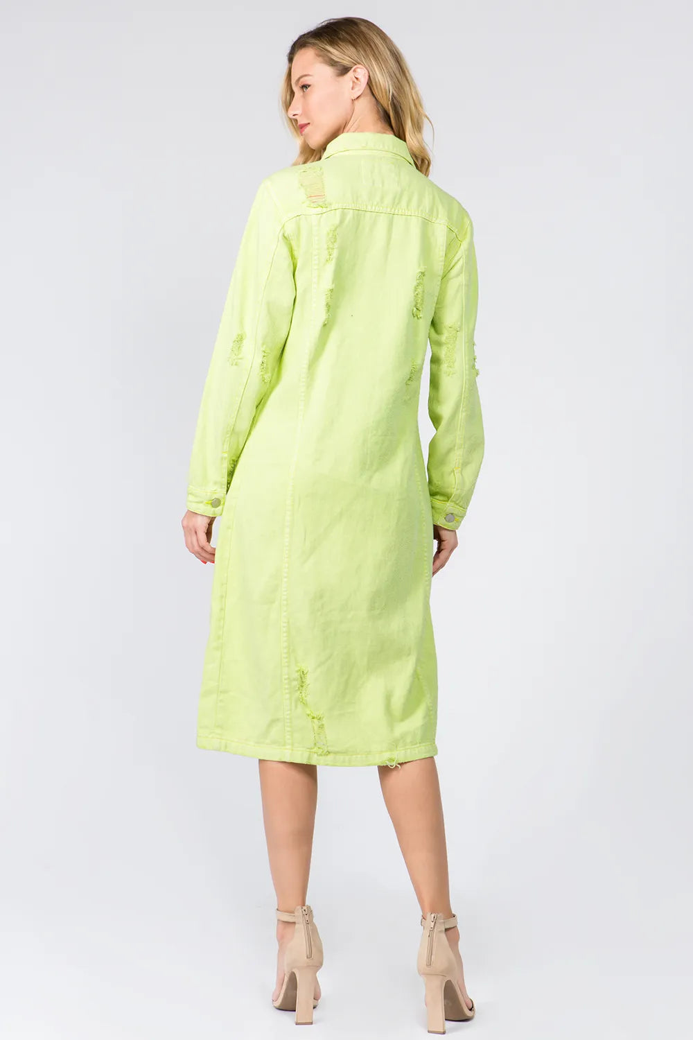 Button Up Distressed Denim Dress in Lime - product view 2