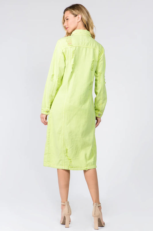 Button Up Distressed Denim Dress in Lime - product view 2