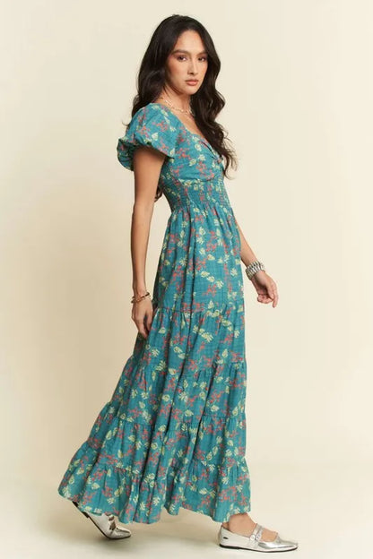 Lightweight Sweetheart Neck Textured Tiered Maxi Dress in Teal Green - product view 5