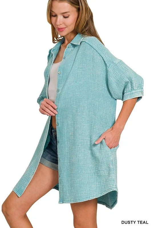 Washed Double Gauze Button Down Shirt Dress - Dusty Teal - product view 2