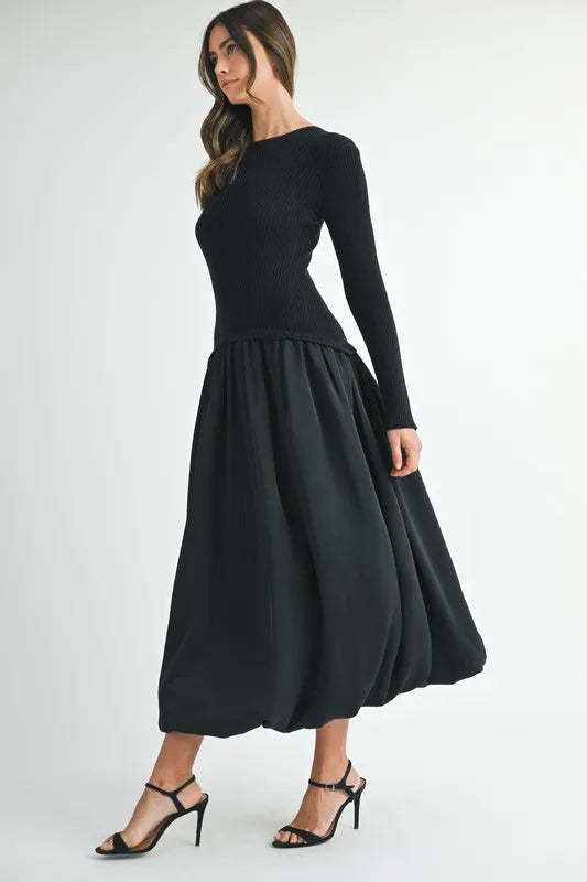 Ribbed Poplin Mix Midi Sweater Dress in Black - product view 8