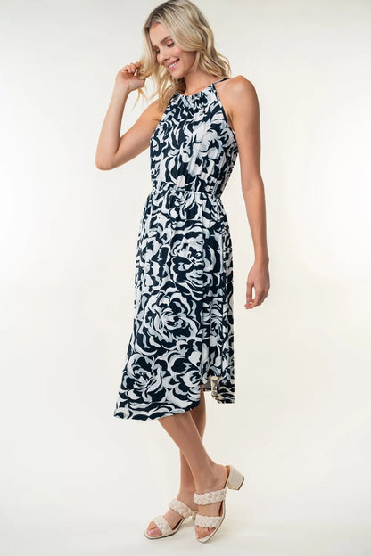 Tied Ruched Floral Sleeveless Knee Length Dress in Black - product view 5