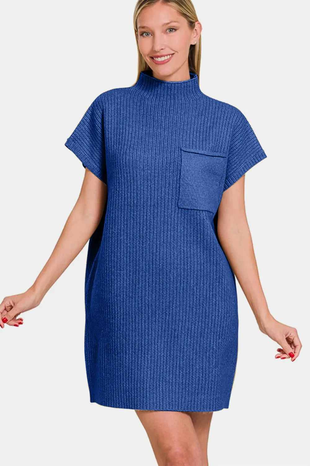 Short Sleeve Sweater Mini Dress - Navy - product view 3