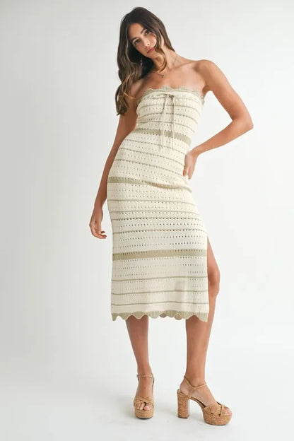 Contrast Striped Crochet Knit Midi Dress in Lt Taupe - product view 6