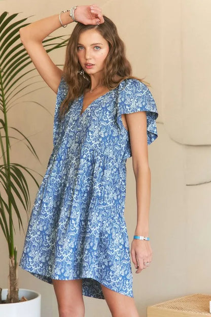 Printed V-Neck Ruffle Sleeve Mini Dress in Denim Blue - product view 3