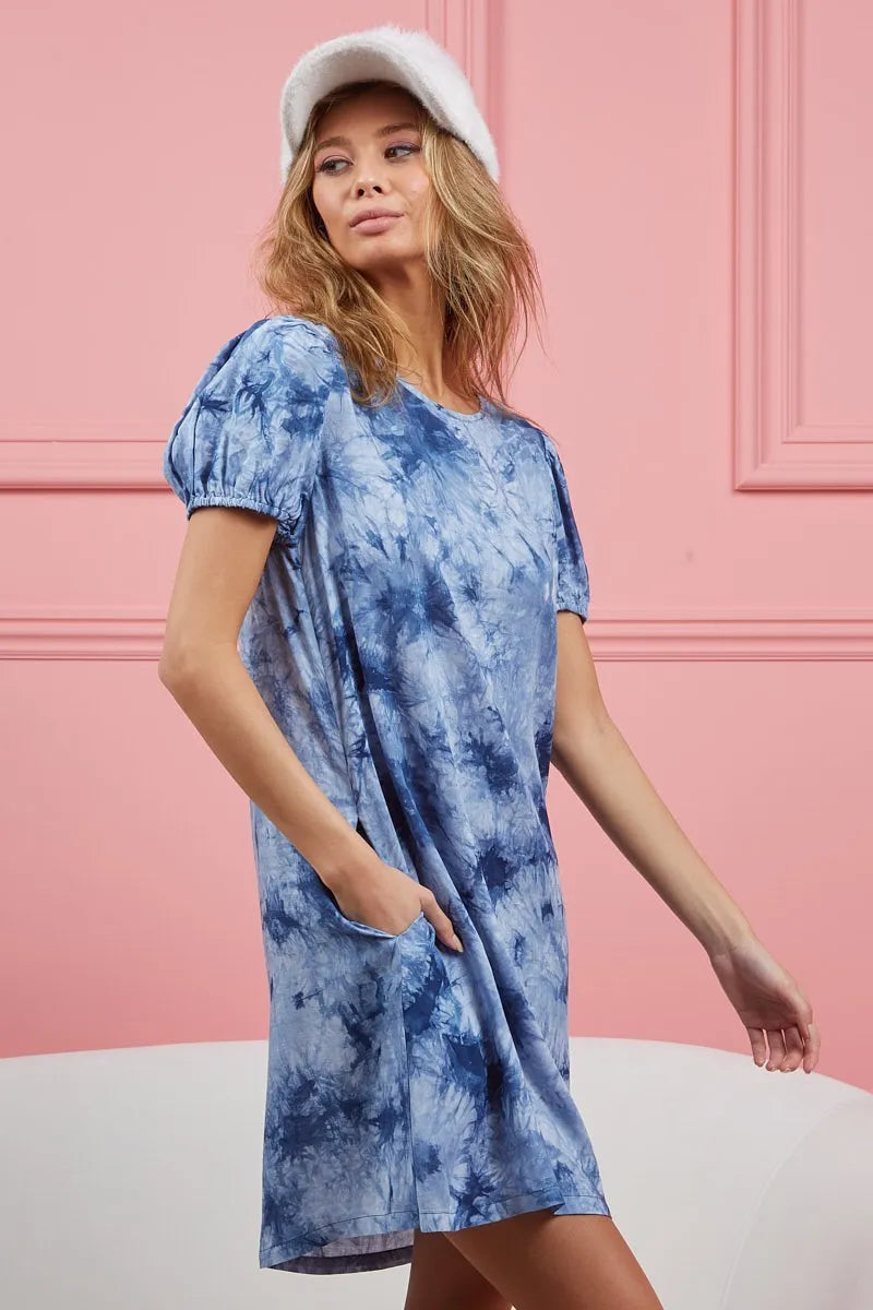 Puff Sleeve With Side Pockets Tie Dye Dress - Navy - product view 11