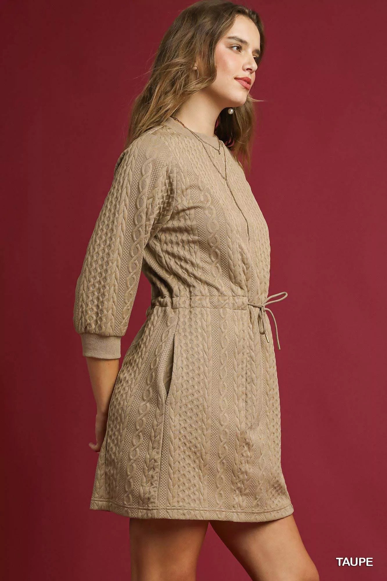 Drawstring Cable Knit Mini Dress with Pockets - Taupe - product view 2