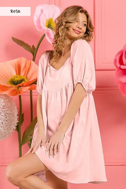 Washed Linen Tiered Midi Dress with Puff Sleeves - Rose - product view 1